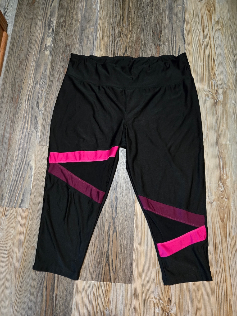 Women's Black Capri Leggings with Pink & Purple Stripe Accents